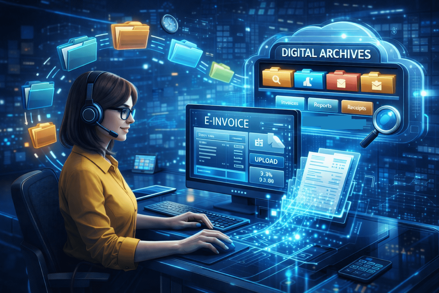 finance employee on her computer archiving e-invoices