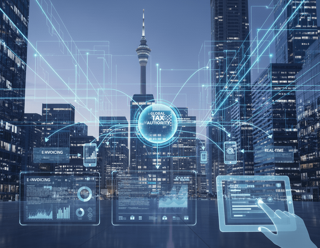 A depiction of the SARS Modernisation 3.0 digitisation vision in front of a Johannesburg city skyline