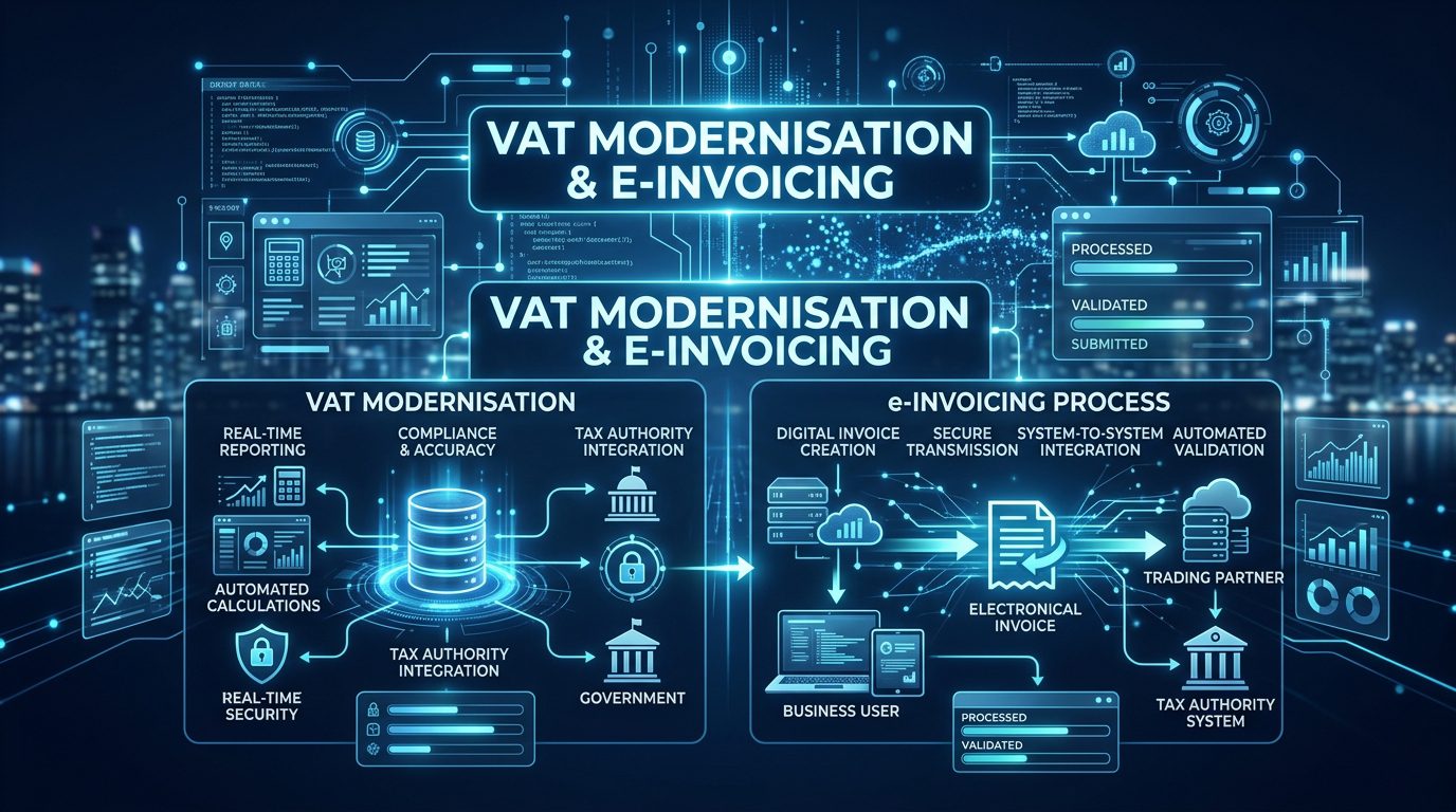 A high-tech visual graphic with a dark blue colour scheme illustrating VAT modernisation and e-invoicing processes using glowing digital icons, data charts, and network connections.