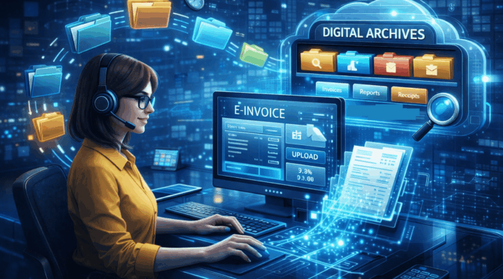 finance employee on her computer archiving e-invoices