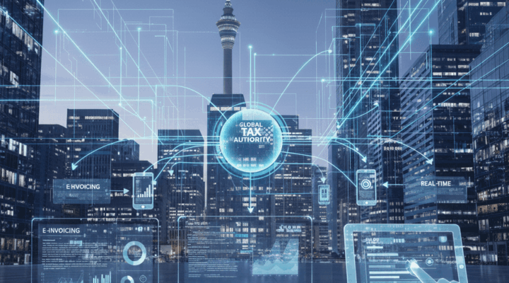 A depiction of the SARS Modernisation 3.0 digitisation vision in front of a Johannesburg city skyline