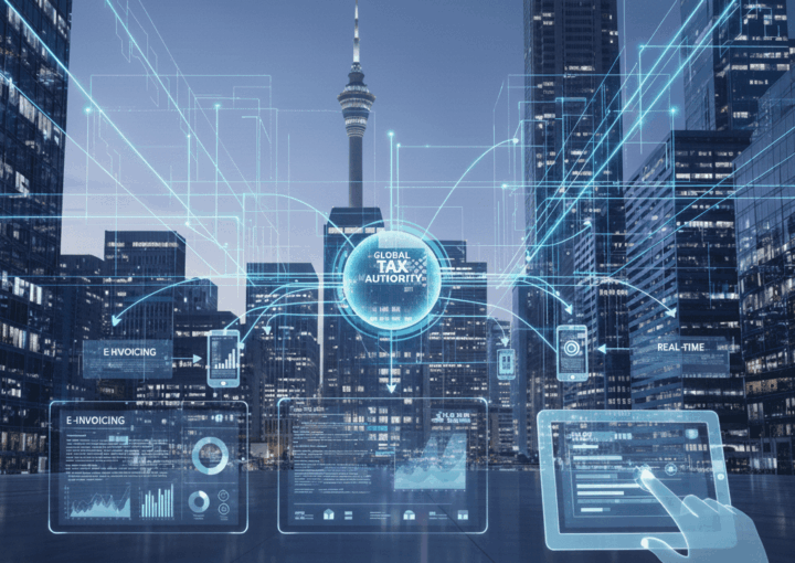 A depiction of the SARS Modernisation 3.0 digitisation vision in front of a Johannesburg city skyline