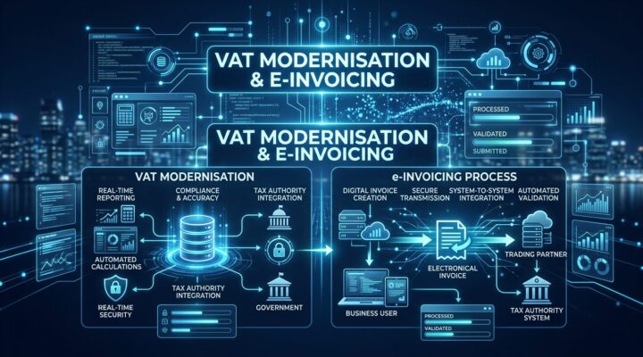 A high-tech visual graphic with a dark blue colour scheme illustrating VAT modernisation and e-invoicing processes using glowing digital icons, data charts, and network connections.