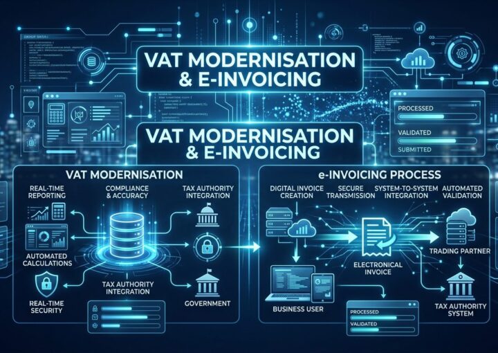 A high-tech visual graphic with a dark blue colour scheme illustrating VAT modernisation and e-invoicing processes using glowing digital icons, data charts, and network connections.